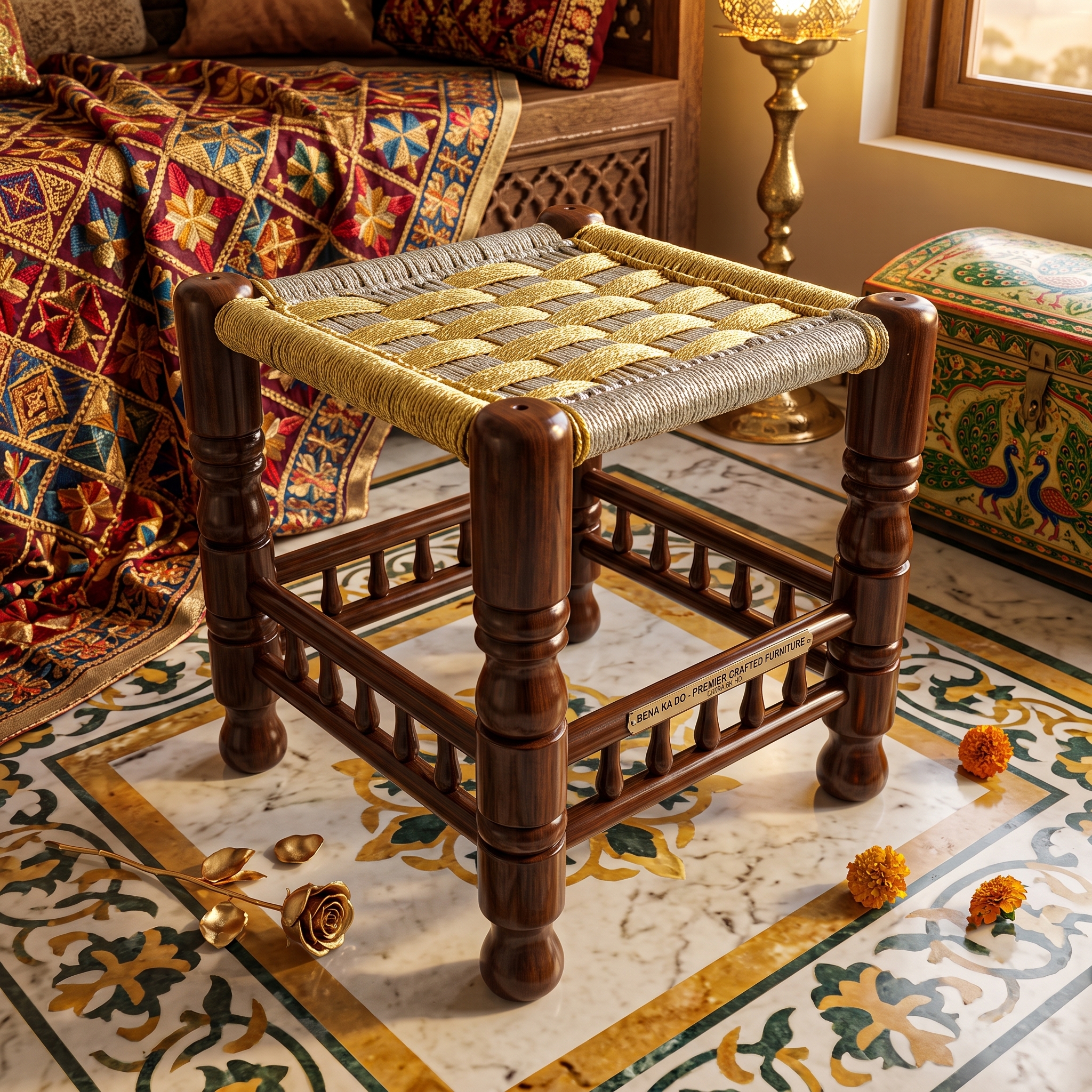 Stylish wooden seating stool for Pakistani home