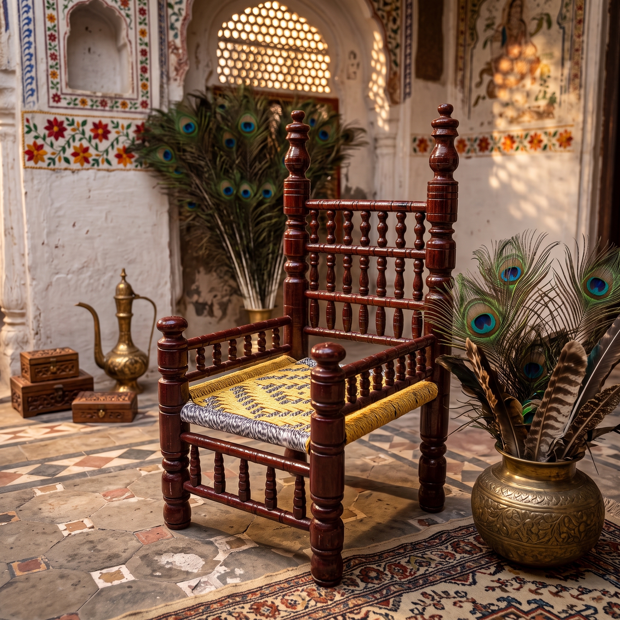 Traditional Punjabi Pidha Kursi handcrafted dark brown wooden chair