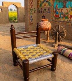 Punjabi wooden stool with low back traditional design