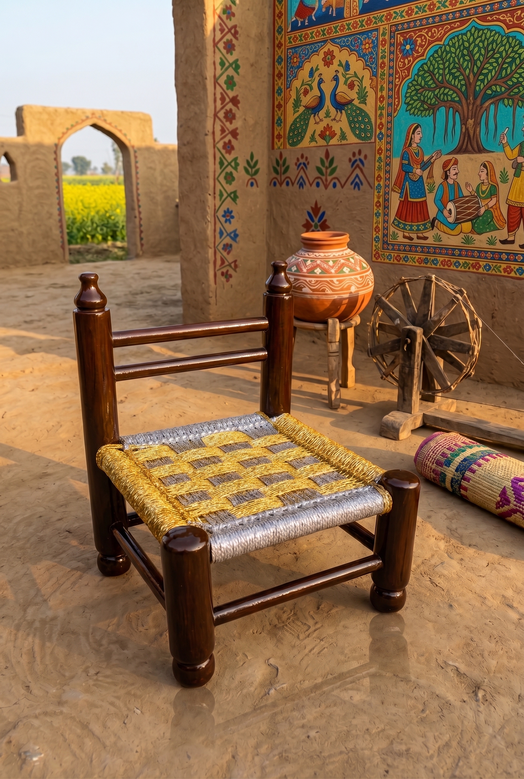 Punjabi wooden stool with low back traditional design