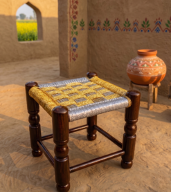 Traditional handwoven wooden stools in Pakistan