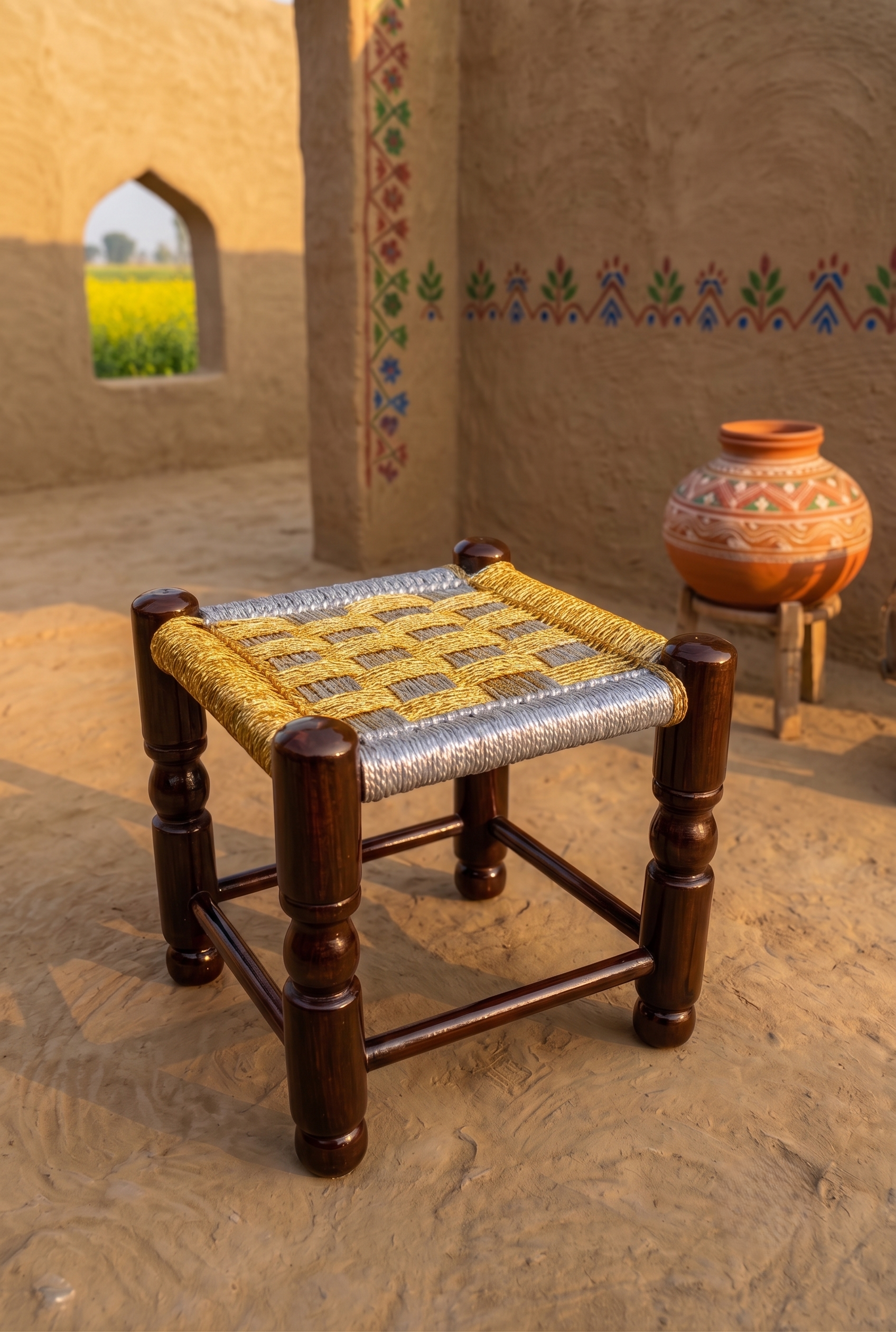 Traditional handwoven wooden stools in Pakistan