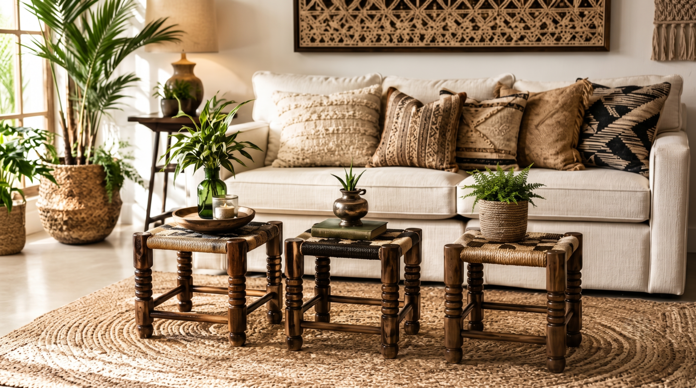 A beautifully styled wooden stool in a modern living room setting.