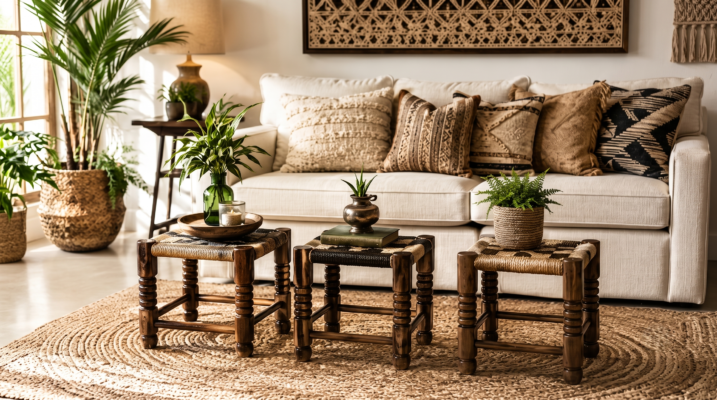 A beautifully styled wooden stool in a modern living room setting.