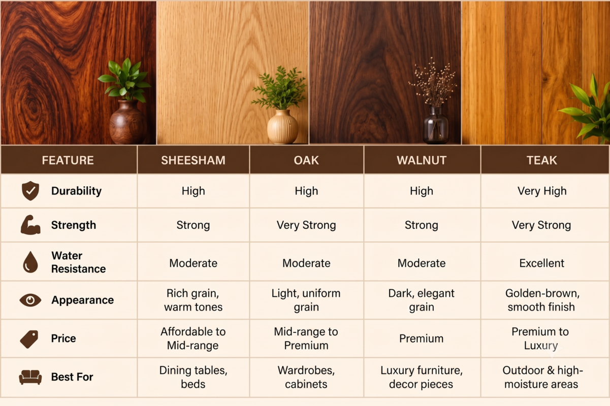 Best Wood for Furniture Sheesham vs Oak vs Walnut vs Teak Solid wood furniture Sheesham wood furniture Oak wood furniture Walnut wood furniture Teak wood furniture Furniture wood comparison Best wood for dining table Best wood for bed Best wood for wardrobe Durable wooden furniture Premium wooden furniture Handmade wooden furniture Luxury wooden furniture Wood furniture buying guide Strongest wood for furniture Best wood for home furniture Types of wood for furniture Long-lasting wooden furniture Long-Tail Keywords: Which wood is best for furniture? Sheesham vs Oak furniture comparison Teak vs Walnut wood for furniture Best solid wood for dining table Best wood for bedroom furniture Most durable wood for furniture Which wood lasts the longest for furniture? Best hardwood for handmade furniture Solid wood furniture buying guide How to choose the best wood for furniture LSI Keywords: Hardwood furniture Wood grain Natural wood furniture Premium hardwood Furniture durability Wood strength Wood maintenance Wood finish Luxury home furniture Custom wooden furniture Solid wood bed Wooden dining table Wood furniture care Interior furniture Handcrafted furniture