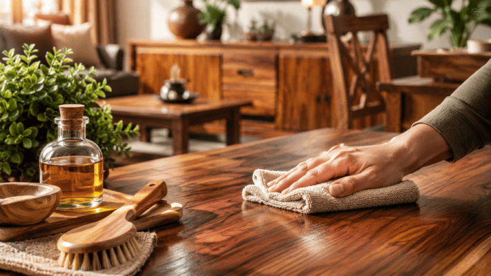 Person cleaning a polished wooden table with a cloth in a cozy living room.
