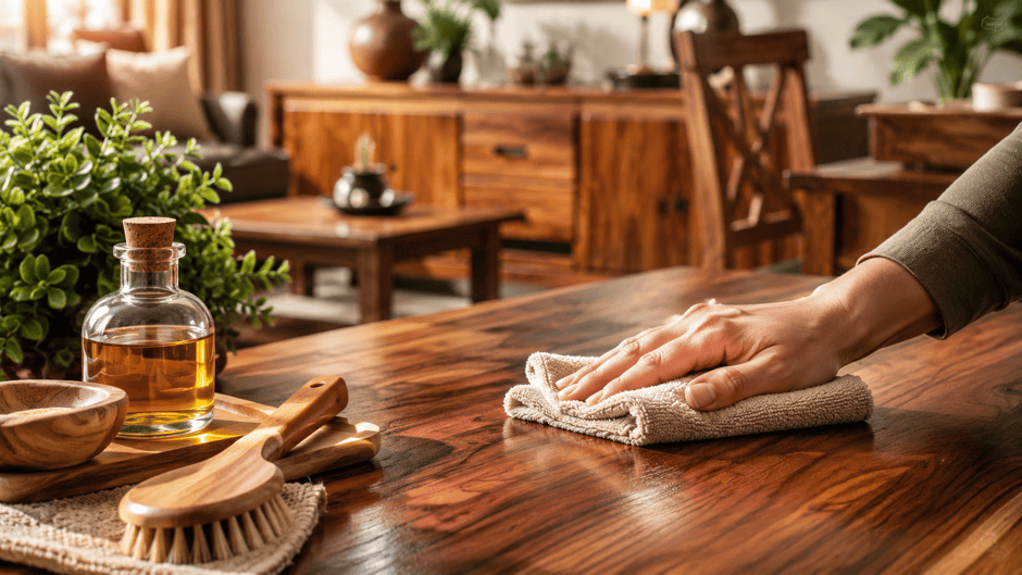 Person cleaning a polished wooden table with a cloth in a cozy living room.