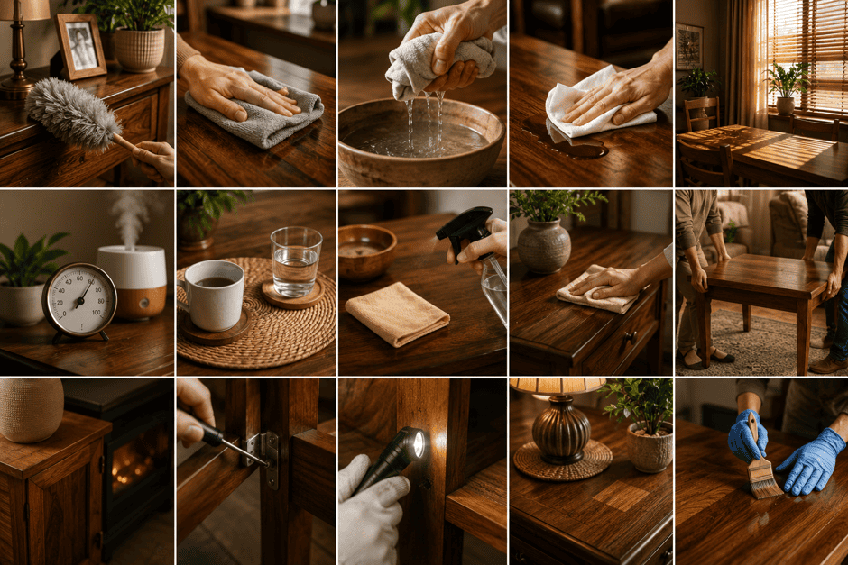 People cleaning and maintaining wooden furniture with cloths and tools.
