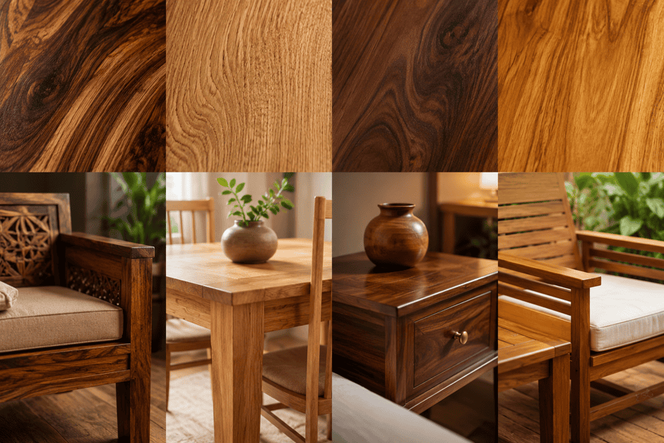Beautiful wooden furniture with natural finish in a cozy room setting.