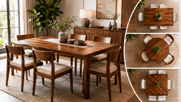 Elegant wooden dining table with six chairs in a cozy, well-lit dining room.