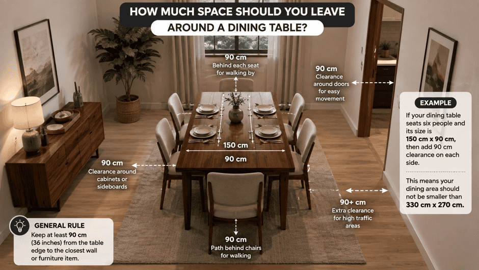 Dining table with space measurements for optimal size selection.