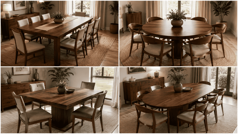 Elegant wooden dining tables with matching chairs in a cozy room setting.
