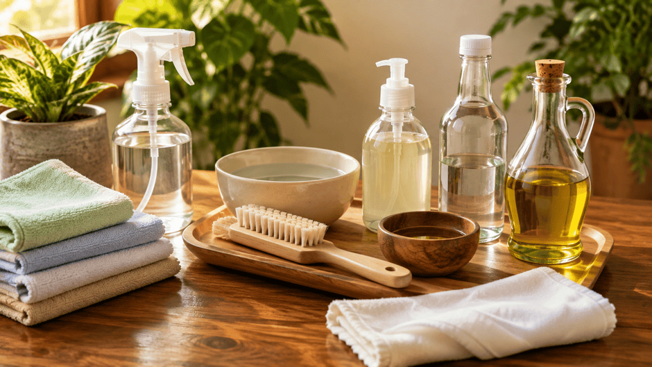 Eco-friendly cleaning products and tools for wooden furniture care.