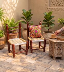 handcrafted wooden chair with woven seat