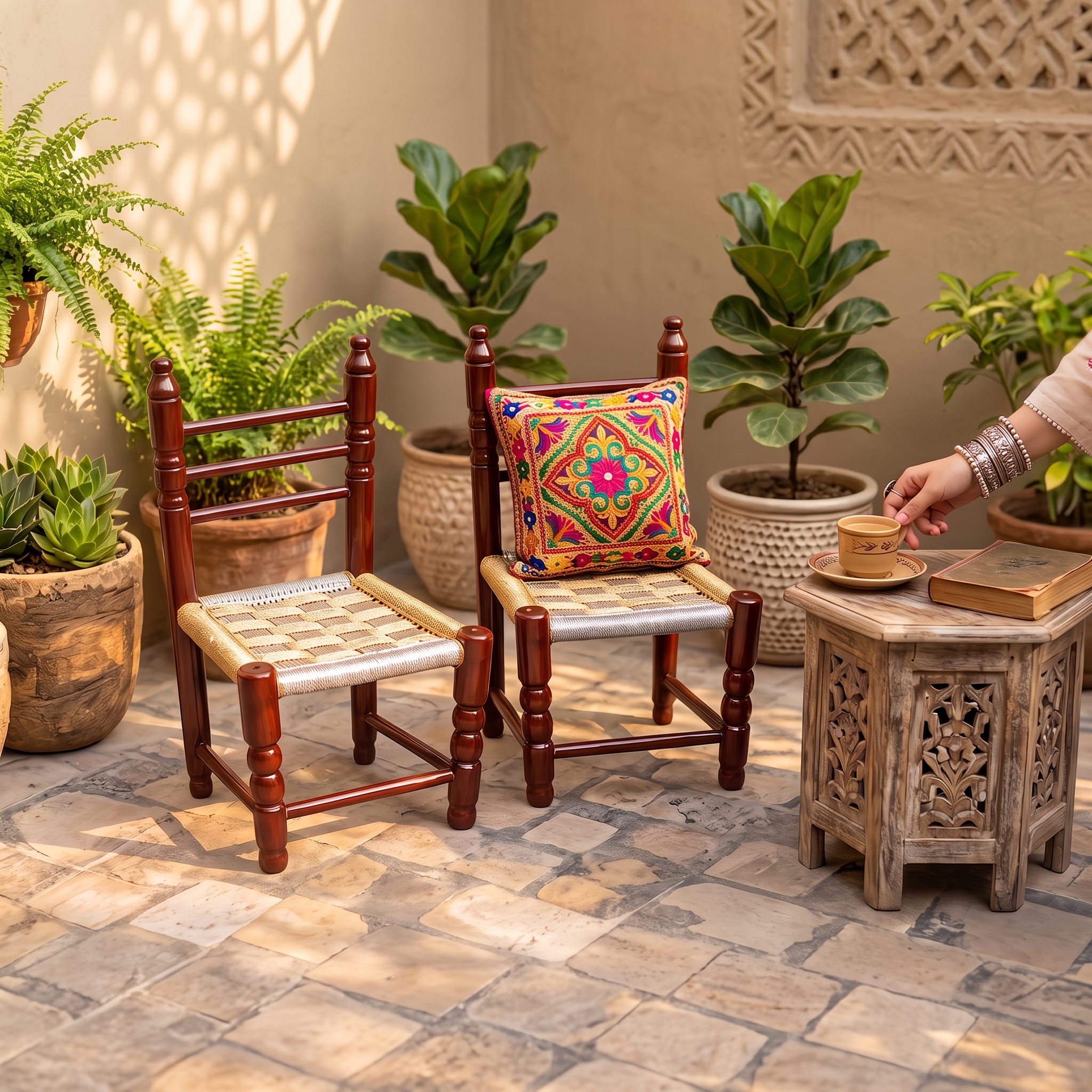 handcrafted wooden chair with woven seat
